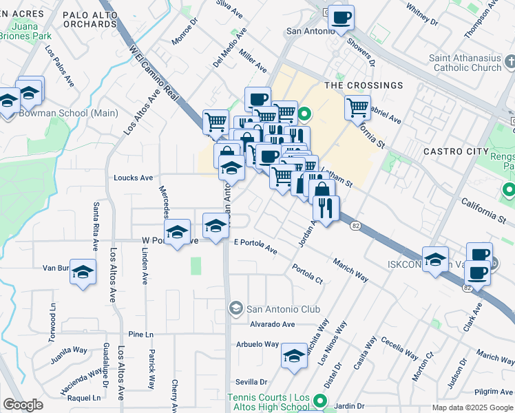 map of restaurants, bars, coffee shops, grocery stores, and more near 33 Los Altos Square in Los Altos