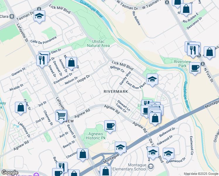 map of restaurants, bars, coffee shops, grocery stores, and more near 1121 Doyle Circle in Santa Clara