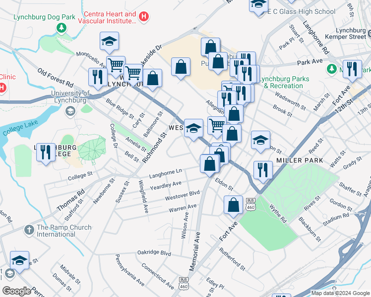 map of restaurants, bars, coffee shops, grocery stores, and more near 517 Eldon Street in Lynchburg