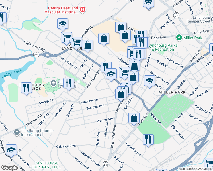 map of restaurants, bars, coffee shops, grocery stores, and more near 517 Eldon Street in Lynchburg