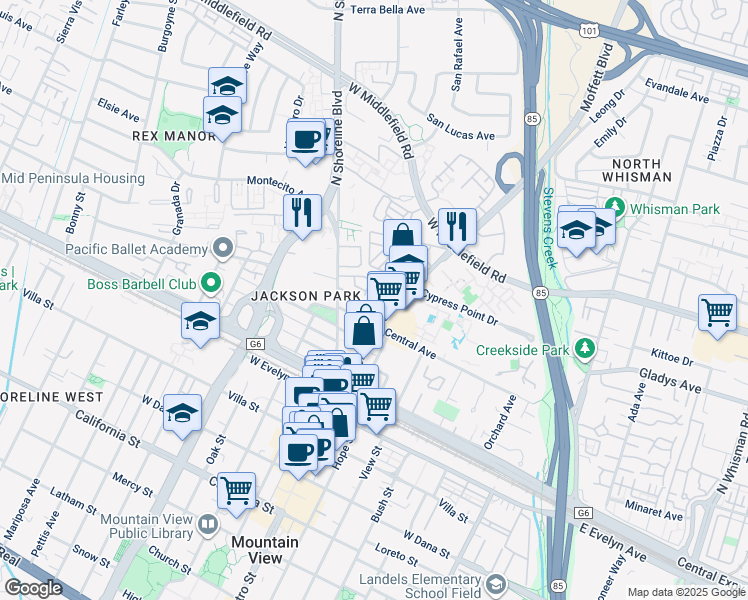 map of restaurants, bars, coffee shops, grocery stores, and more near 304 Windmill Park Lane in Mountain View