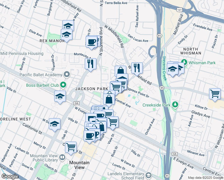 map of restaurants, bars, coffee shops, grocery stores, and more near 304 Windmill Park Lane in Mountain View
