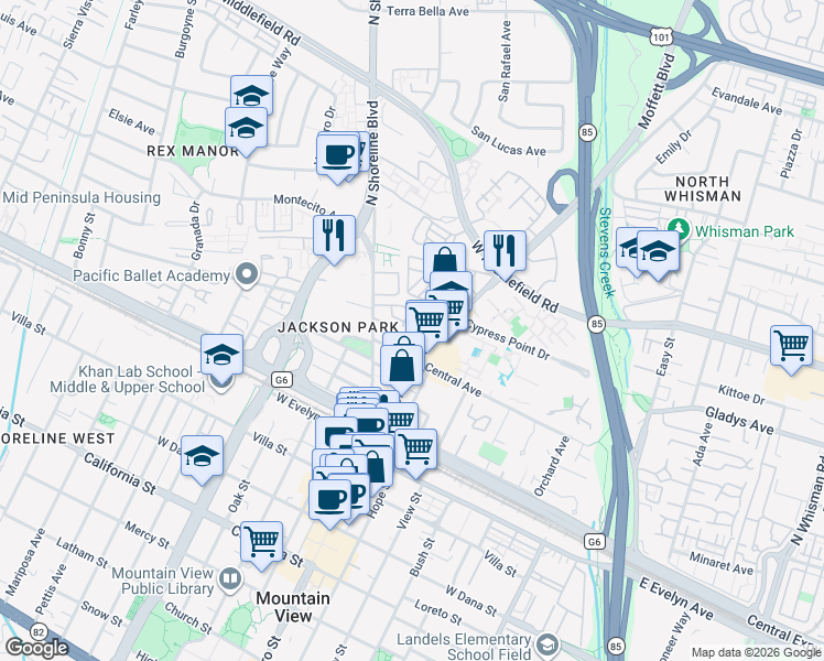 map of restaurants, bars, coffee shops, grocery stores, and more near 304 Windmill Park Lane in Mountain View
