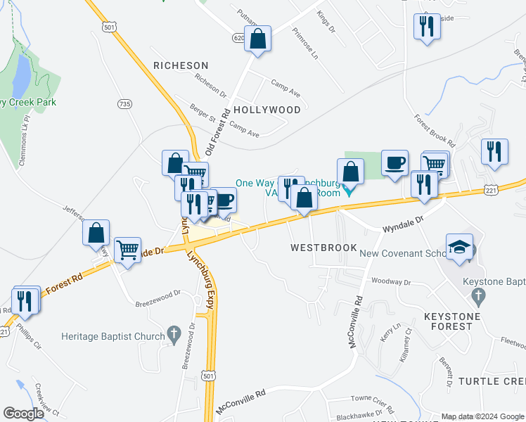 map of restaurants, bars, coffee shops, grocery stores, and more near 1 Countryplace Lane in Lynchburg