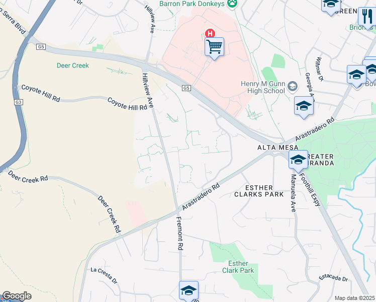 map of restaurants, bars, coffee shops, grocery stores, and more near 3425 Hillview Avenue in Palo Alto