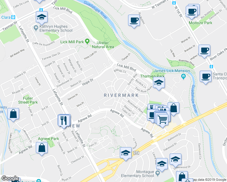 map of restaurants, bars, coffee shops, grocery stores, and more near 1121 Doyle Circle in Santa Clara