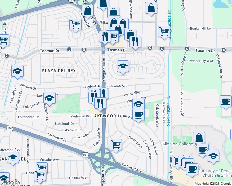 map of restaurants, bars, coffee shops, grocery stores, and more near 1138 Pecos Way in Sunnyvale