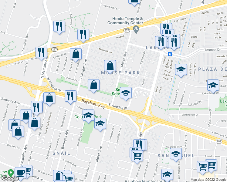 map of restaurants, bars, coffee shops, grocery stores, and more near John W. Christian Greenbelt in Sunnyvale