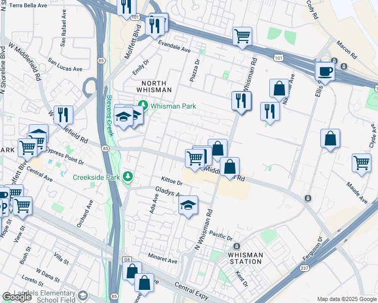 map of restaurants, bars, coffee shops, grocery stores, and more near 186 East Middlefield Road in Mountain View