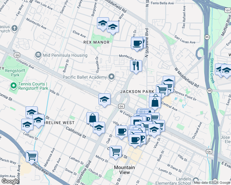 map of restaurants, bars, coffee shops, grocery stores, and more near 200 North Shoreline Boulevard in Mountain View