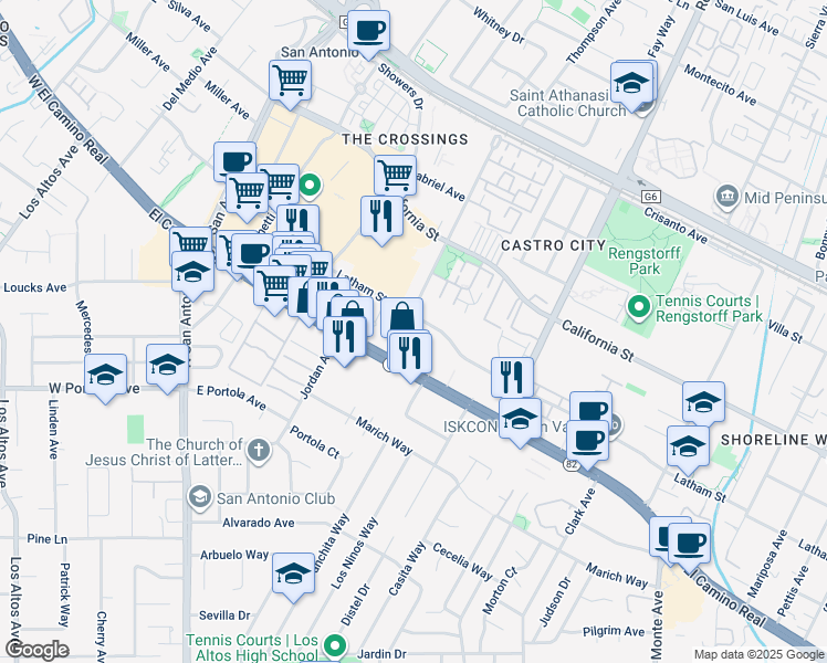 map of restaurants, bars, coffee shops, grocery stores, and more near 2320 West El Camino Real in Mountain View