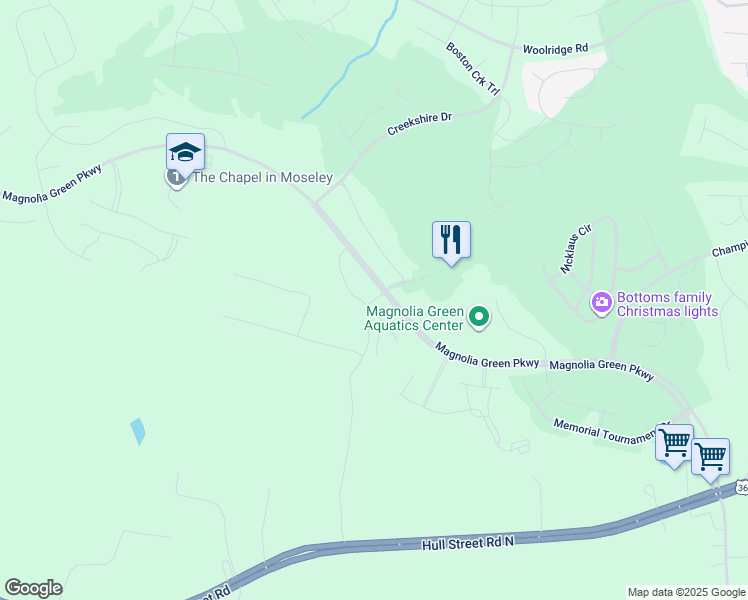 map of restaurants, bars, coffee shops, grocery stores, and more near 7133 Desert Candle Drive in Moseley