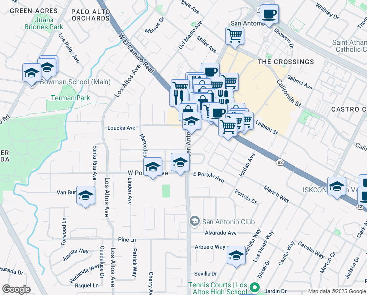 map of restaurants, bars, coffee shops, grocery stores, and more near 43 Del Monte Avenue in Los Altos