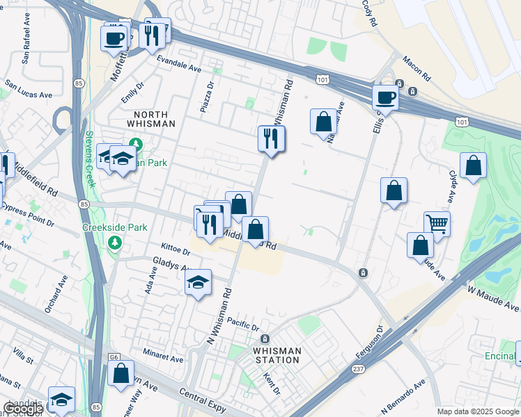 map of restaurants, bars, coffee shops, grocery stores, and more near 369 North Whisman Road in Mountain View