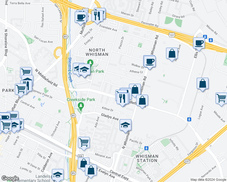 map of restaurants, bars, coffee shops, grocery stores, and more near 110 East Middlefield Road in Mountain View