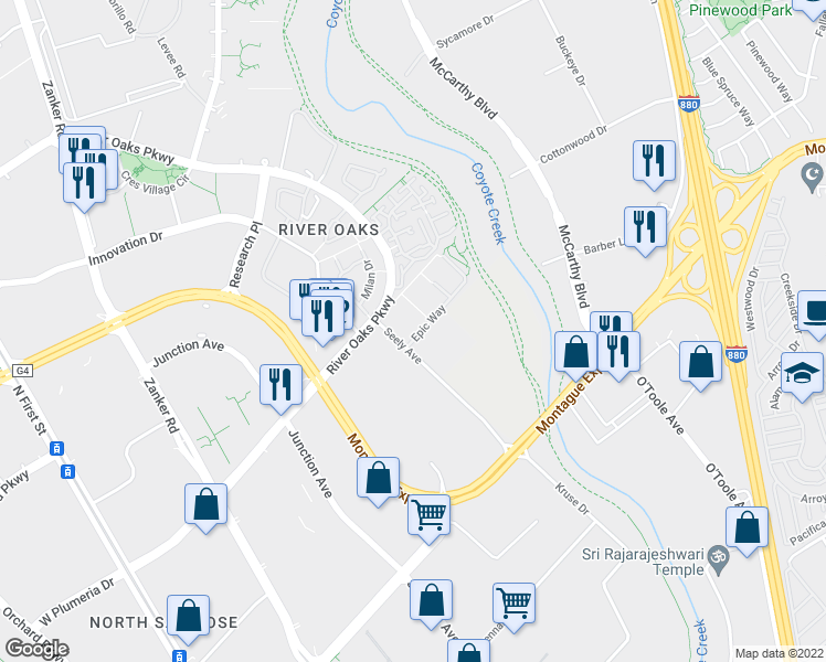 map of restaurants, bars, coffee shops, grocery stores, and more near 600 Epic Way in San Jose