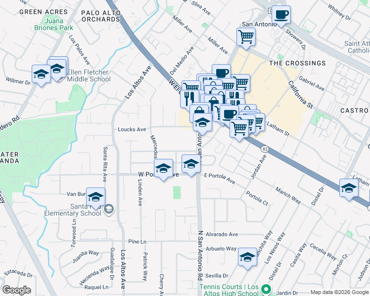 map of restaurants, bars, coffee shops, grocery stores, and more near 43 Del Monte Avenue in Los Altos