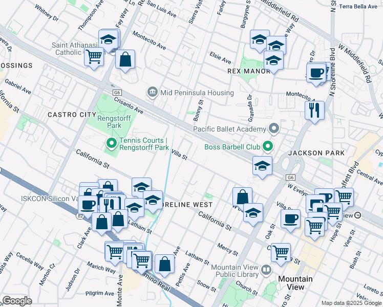 map of restaurants, bars, coffee shops, grocery stores, and more near 191 Higdon Avenue in Mountain View