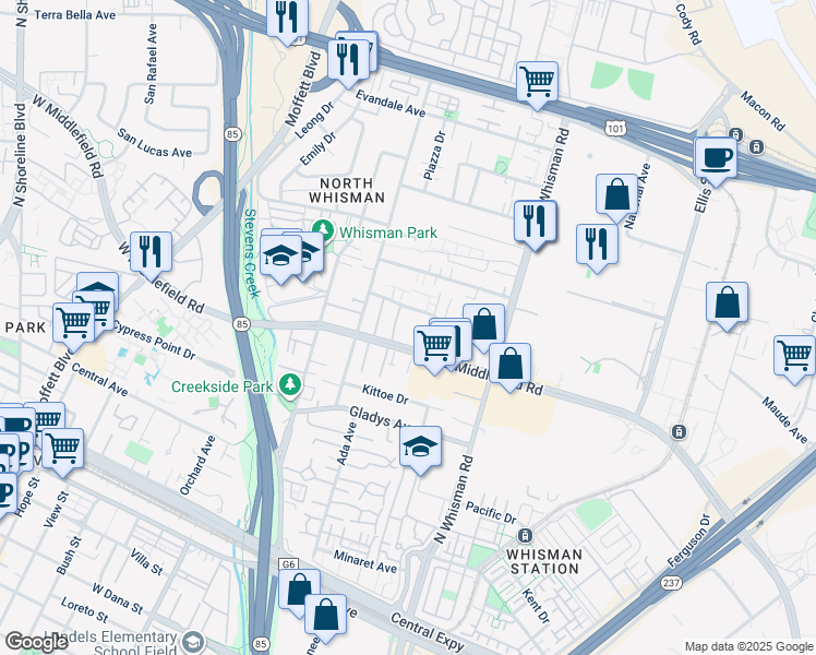 map of restaurants, bars, coffee shops, grocery stores, and more near 110 East Middlefield Road in Mountain View