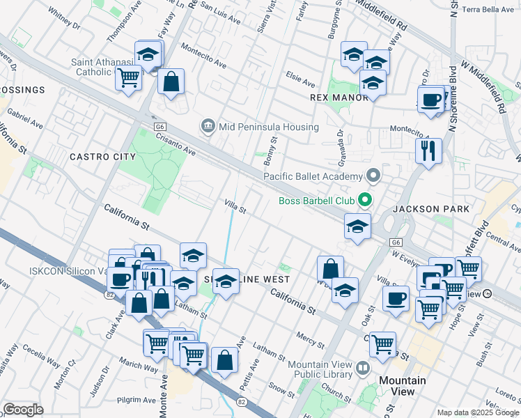 map of restaurants, bars, coffee shops, grocery stores, and more near 191 Higdon Avenue in Mountain View