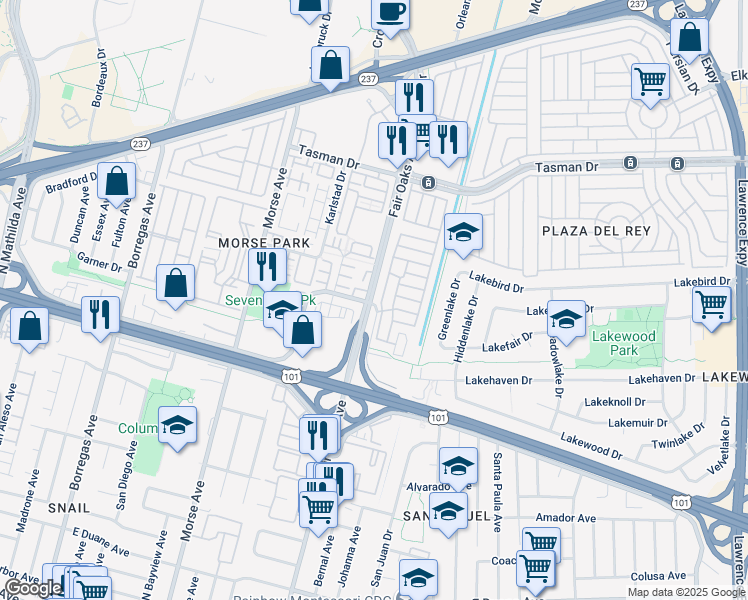 map of restaurants, bars, coffee shops, grocery stores, and more near 186 Avenue A in Sunnyvale