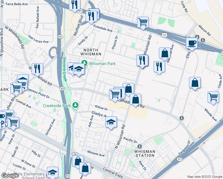 map of restaurants, bars, coffee shops, grocery stores, and more near 186 East Middlefield Road in Mountain View