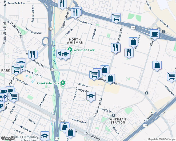 map of restaurants, bars, coffee shops, grocery stores, and more near 186 East Middlefield Road in Mountain View