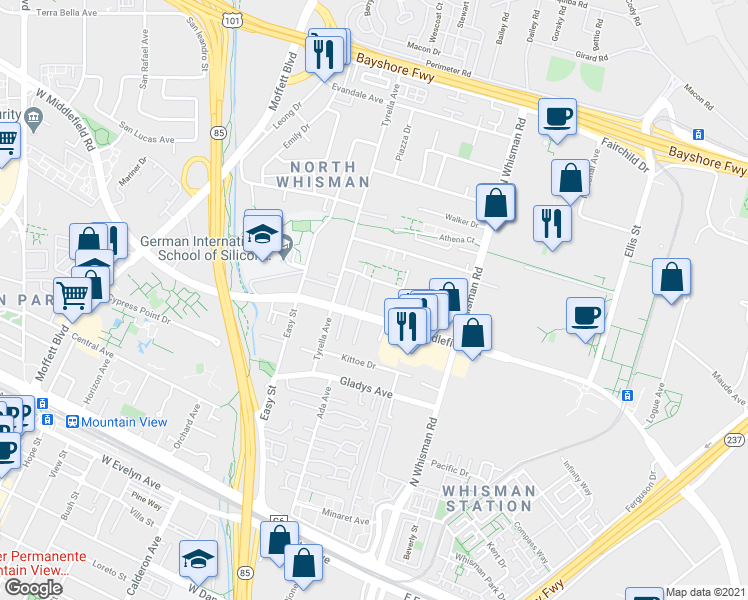 map of restaurants, bars, coffee shops, grocery stores, and more near 186 East Middlefield Road in Mountain View