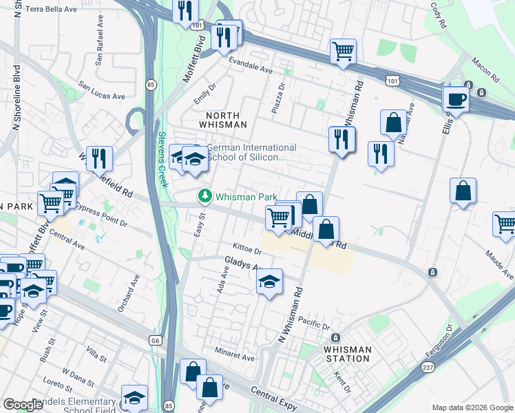 map of restaurants, bars, coffee shops, grocery stores, and more near 186 East Middlefield Road in Mountain View
