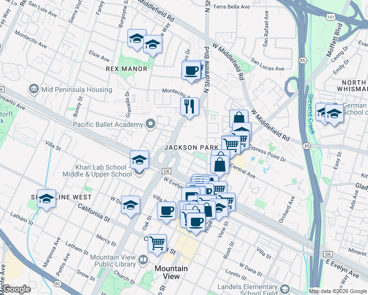 map of restaurants, bars, coffee shops, grocery stores, and more near 936 Washington Street in Mountain View