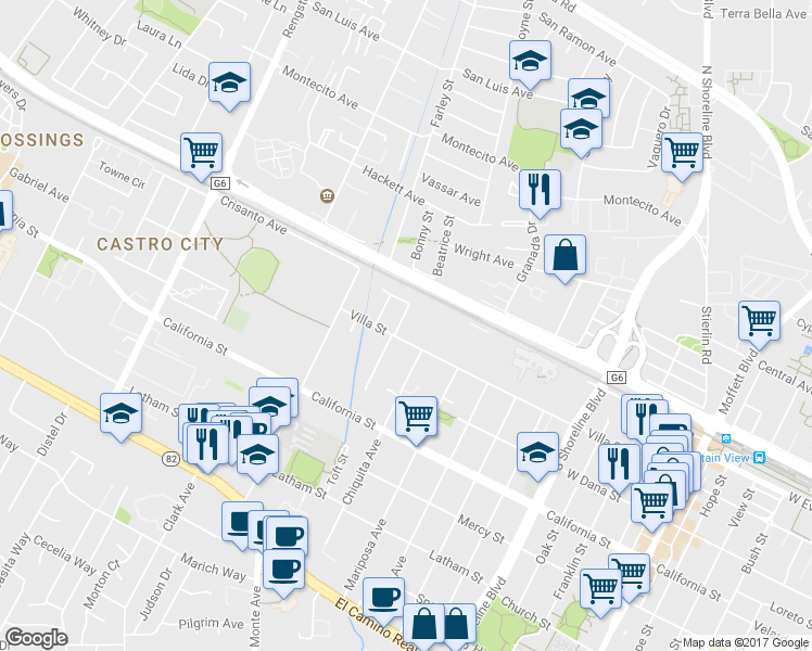 map of restaurants, bars, coffee shops, grocery stores, and more near 1702 Villa Street in Mountain View