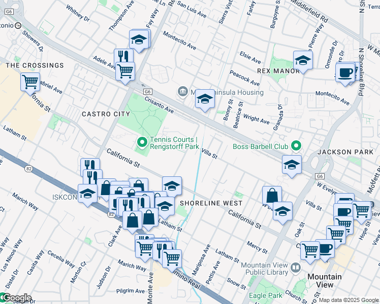 map of restaurants, bars, coffee shops, grocery stores, and more near 263 Escuela Avenue in Mountain View