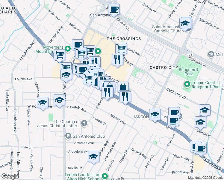 map of restaurants, bars, coffee shops, grocery stores, and more near 4916 California 82 in Mountain View