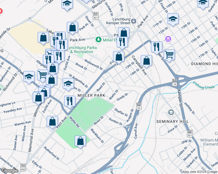 map of restaurants, bars, coffee shops, grocery stores, and more near 2 Beverly Street in Lynchburg