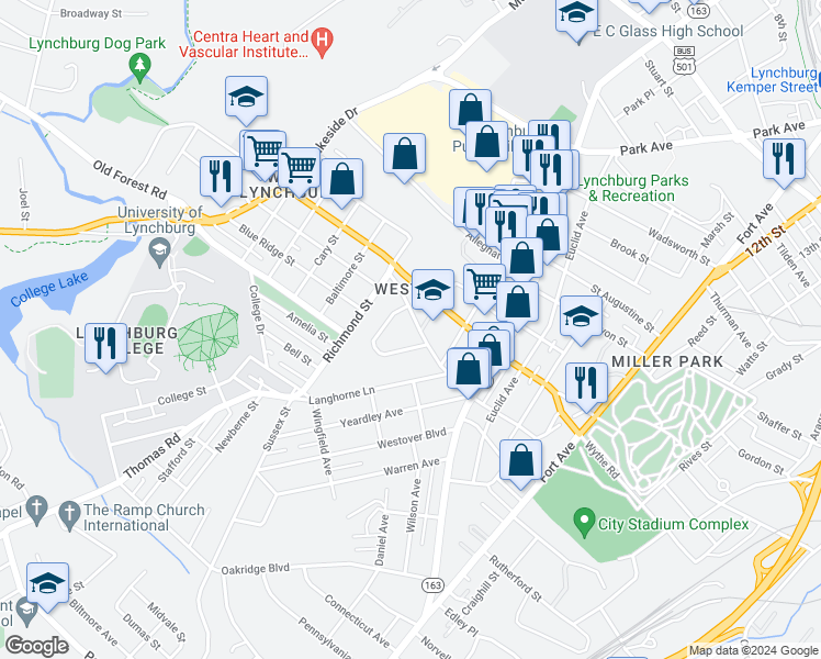 map of restaurants, bars, coffee shops, grocery stores, and more near 110 Langhorne Lane in Lynchburg