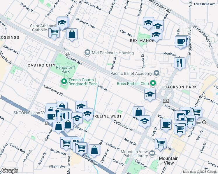 map of restaurants, bars, coffee shops, grocery stores, and more near 191 Higdon Avenue in Mountain View