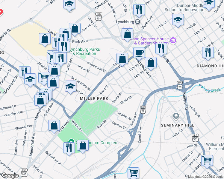 map of restaurants, bars, coffee shops, grocery stores, and more near 15 Beverly Street in Lynchburg