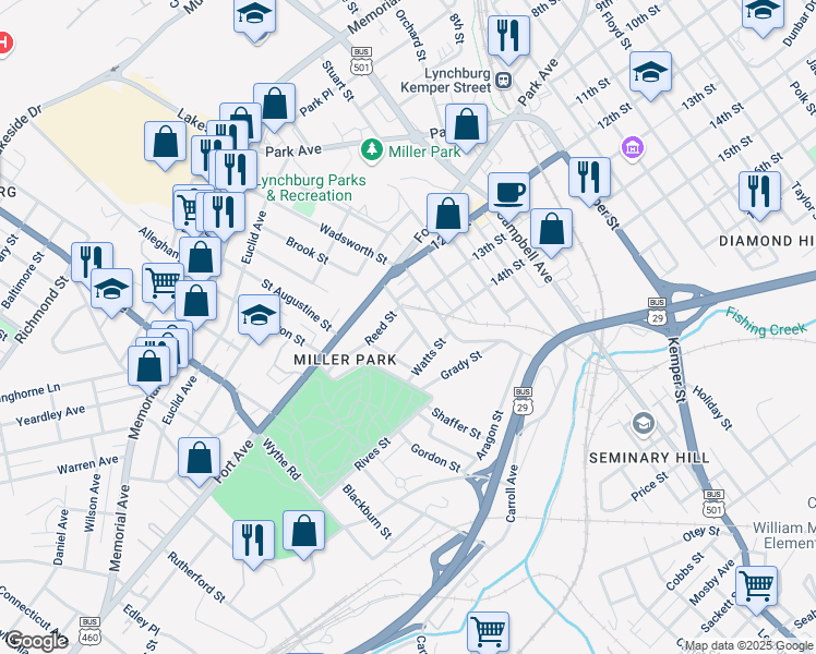 map of restaurants, bars, coffee shops, grocery stores, and more near 2 Beverly Street in Lynchburg