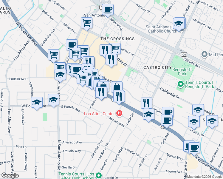 map of restaurants, bars, coffee shops, grocery stores, and more near 550 Ortega Avenue in Mountain View