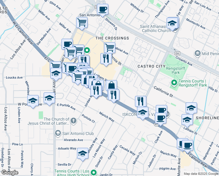 map of restaurants, bars, coffee shops, grocery stores, and more near 550 Ortega Avenue in Mountain View