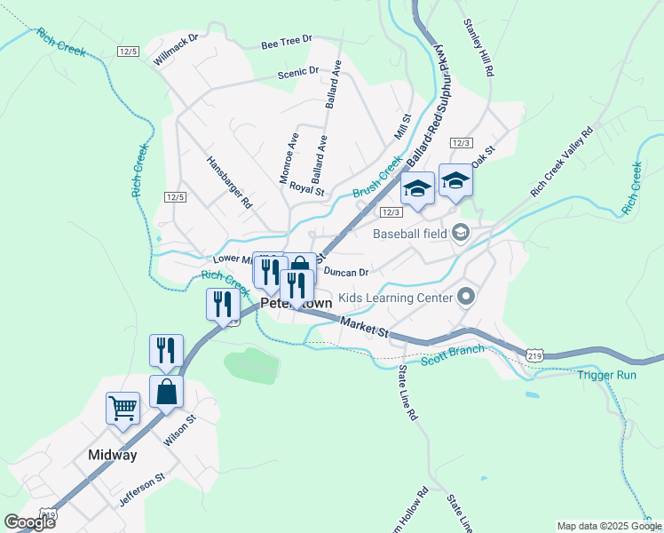 map of restaurants, bars, coffee shops, grocery stores, and more near 165 Race Street in Peterstown