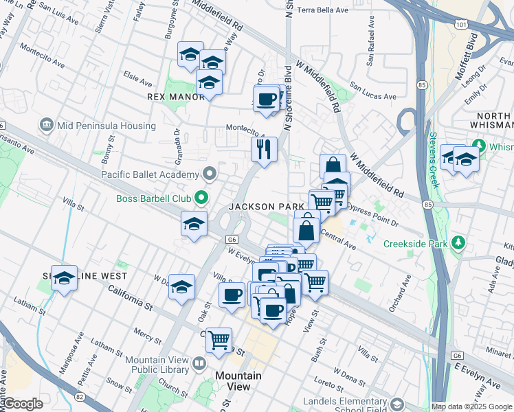 map of restaurants, bars, coffee shops, grocery stores, and more near 936 Washington Street in Mountain View