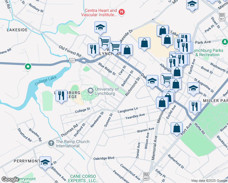 map of restaurants, bars, coffee shops, grocery stores, and more near 221 Amelia Street in Lynchburg