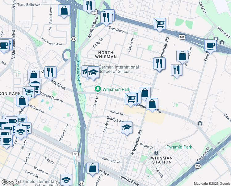 map of restaurants, bars, coffee shops, grocery stores, and more near 339 Tyrella Avenue in Mountain View