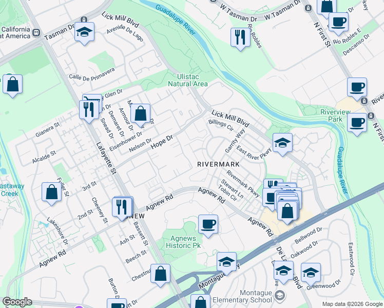 map of restaurants, bars, coffee shops, grocery stores, and more near 4496 Headen Way in Santa Clara