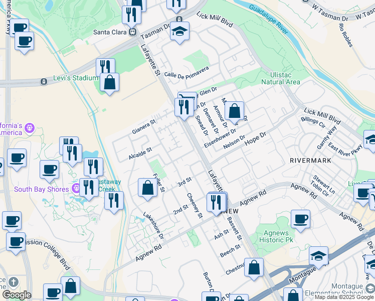 map of restaurants, bars, coffee shops, grocery stores, and more near 4666 Wilcox Avenue in Santa Clara