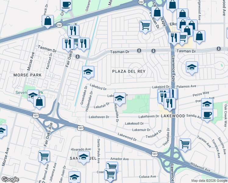 map of restaurants, bars, coffee shops, grocery stores, and more near 52 Avenida Alondra in Sunnyvale