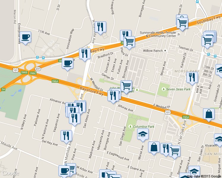map of restaurants, bars, coffee shops, grocery stores, and more near 162 Garner Drive in Sunnyvale