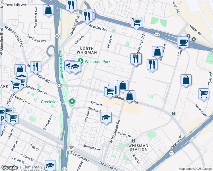 map of restaurants, bars, coffee shops, grocery stores, and more near 112 Flynn Avenue in Mountain View