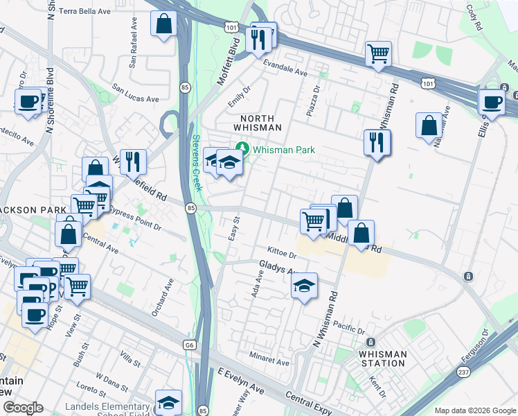 map of restaurants, bars, coffee shops, grocery stores, and more near 305 Easy Street in Mountain View